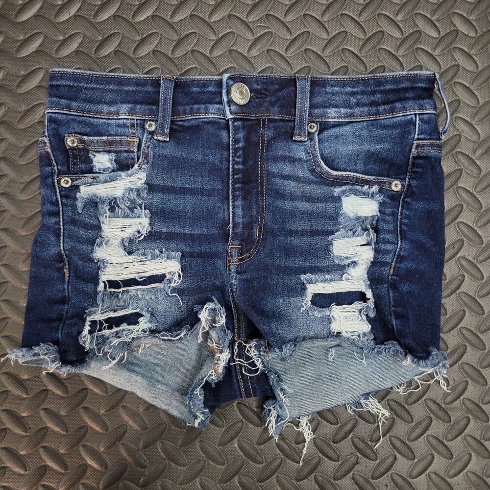 American Eagle Womens Size 4 Dark Wash Distressed Denim Shorts High Rise Stretch